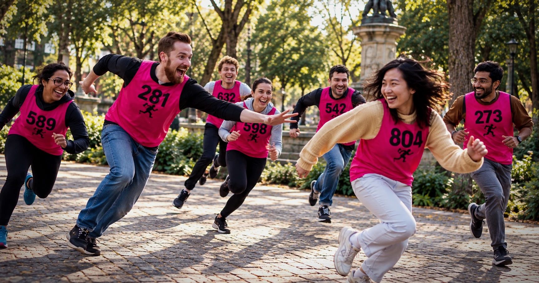 Laughing players in pink numbered bibs sprint across a park path as one reaches out to tag another