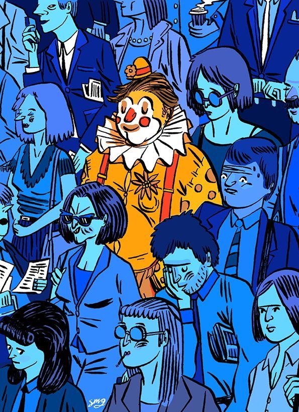 Illustration of a colorful clown standing out among a monochrome blue crowd of people in suits
